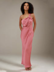 Rose Pink Satin Sheath/Column One Shoulder Ankle Length Bridesmaid Dresses