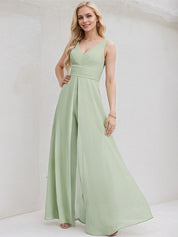 Celadon Chiffon Jumpsuit/Pantsuit V Neck Sleeveless Floor Length Bridesmaid Dress