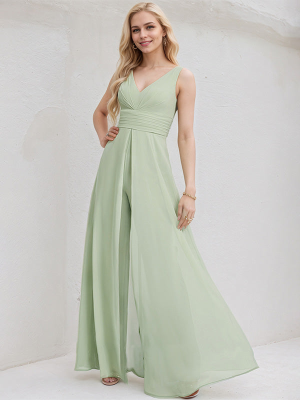 Celadon Chiffon Jumpsuit/Pantsuit V Neck Sleeveless Floor Length Bridesmaid Dress