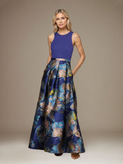Royal Blue A Line Satin Jewel Neckline Sleeveless Floor Length Floral Dress