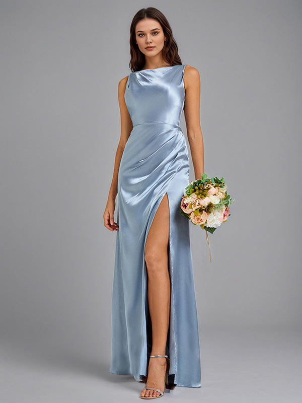 Dreamylily Women Dusty Blue Sheath/Column Scoop Neck Floor-Length Satin Bridesmaid  Dress