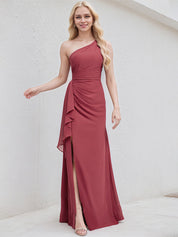 Desert Rose Chiffon A Line One Shoulder Sleeveless Floor Length Bridesmaid Dress