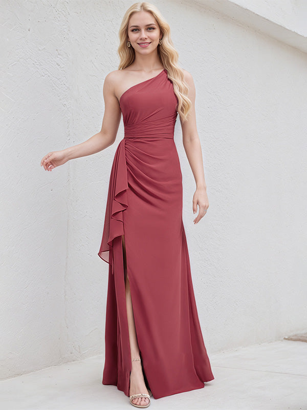 Desert Rose Chiffon A Line One Shoulder Sleeveless Floor Length Bridesmaid Dress
