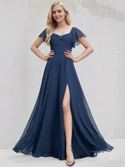 Navy Blue Chiffon A Line V Neck Short Sleeves Floor Length Bridesmaid Dress