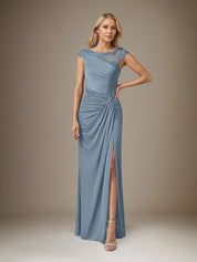 Dusty Blue Sheath/Column Chiffon Boat Neck Short Sleeves Floor Length Dress With Slit