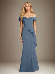 Steel Blue Trumpet/Mermaid Stretch Crepe Off The Shoulder Sleeveless Floor Length Dress