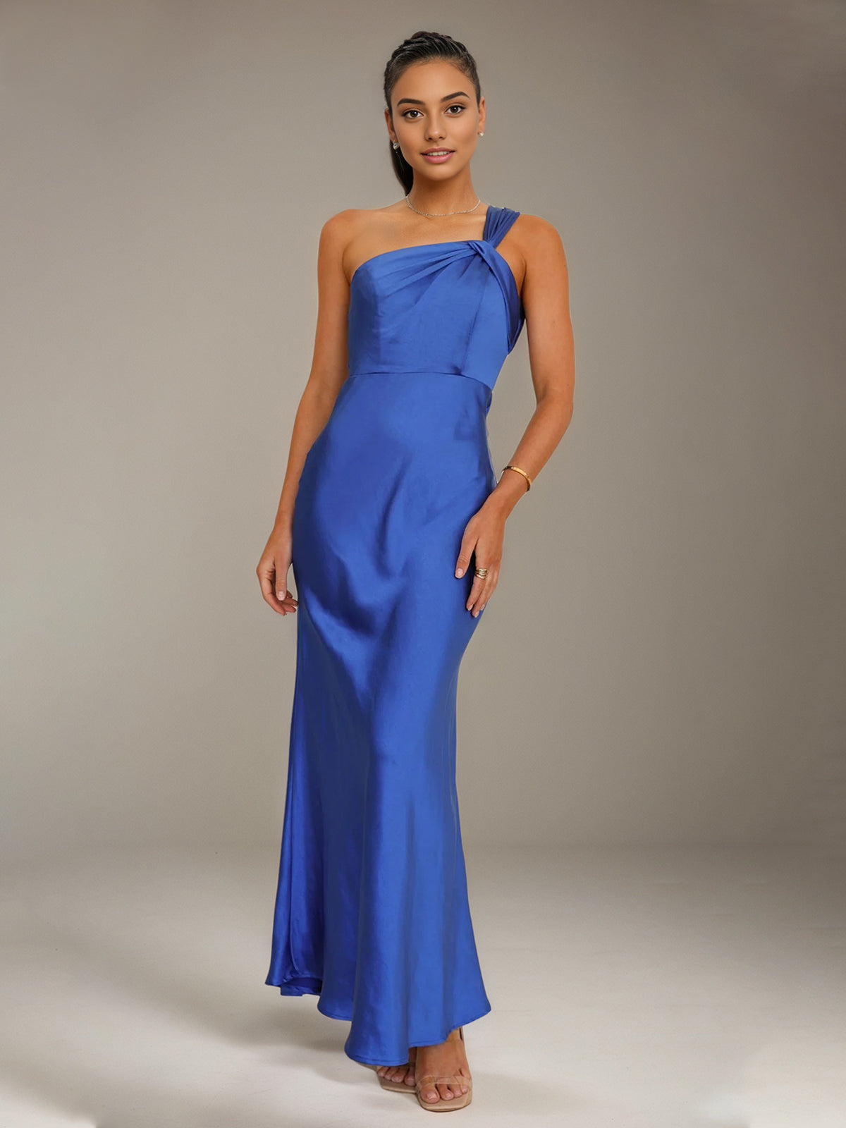 Dreamylily Women Cobalt Blue Satin Sheath/Column One shoulder Ankle