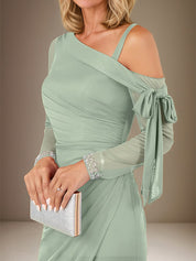 Sage Sheath/Column Chiffon One Shoulder Long Sleeves Floor Length Dress With Slit