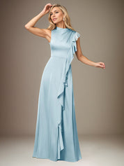Sky Blue A Line Satin High Neck Sleeveless Floor Length Dress