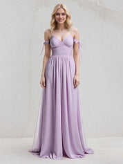Lilac A Line Chiffon Spaghetti Straps Sleeveless Floor Length Dress With Bow