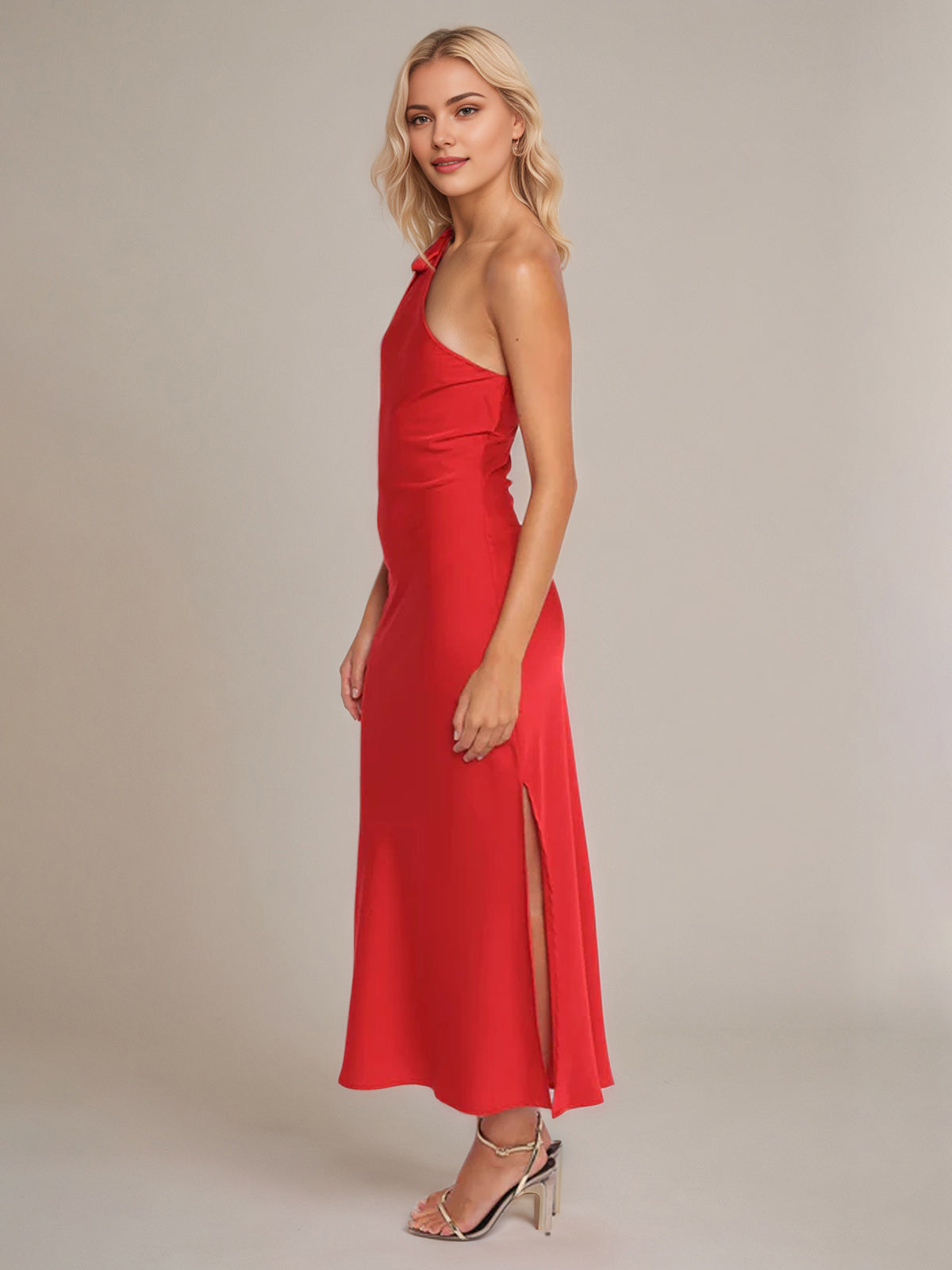 Red Satin Sheath/Column One Shoulder Sleeveless Ankle Length Bridesmaid Dress