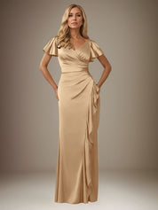 Champagne Trumpet/Mermaid Satin V Neck Short Sleeves Floor Length Dress With Slit