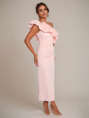 Ballet Pink Chiffon Sheath/Column One Shoulder Sleeveless Ankle Length Bridesmaid Dress
