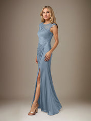 Dusty Blue Sheath/Column Chiffon Boat Neck Short Sleeves Floor Length Dress With Slit