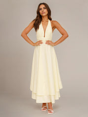 Lemon Chiffon A Line Halter Neck Sleeveless Ankle Length Bridesmaid Dress