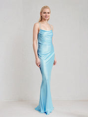 Iceberg Blue Sheath/Column Satin Spaghetti Straps Sleeveless Floor Length Dress