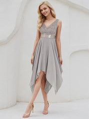 Silver Chiffon A Line V Neck Sleeveless Asymmetrical Bridesmaid Dress With Appliques