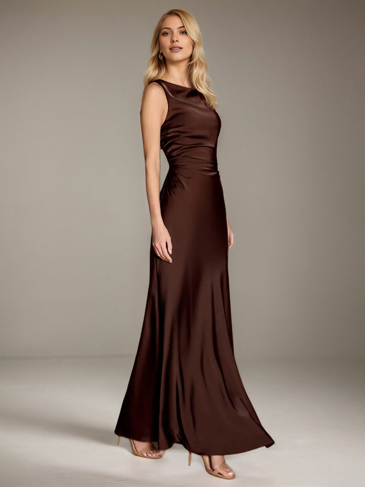 Chocolate Sheath/Column Scoop Sleeveless Floor-Length Satin Bridesmaid Dress