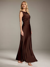 Chocolate Sheath/Column Scoop Sleeveless Floor-Length Satin Bridesmaid Dress