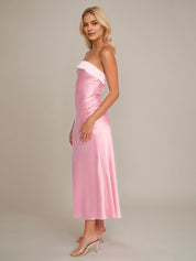 Pink Satin Sheath/Column Off The Shoulder Sleeveless Ankle Length Bridesmaid Dress
