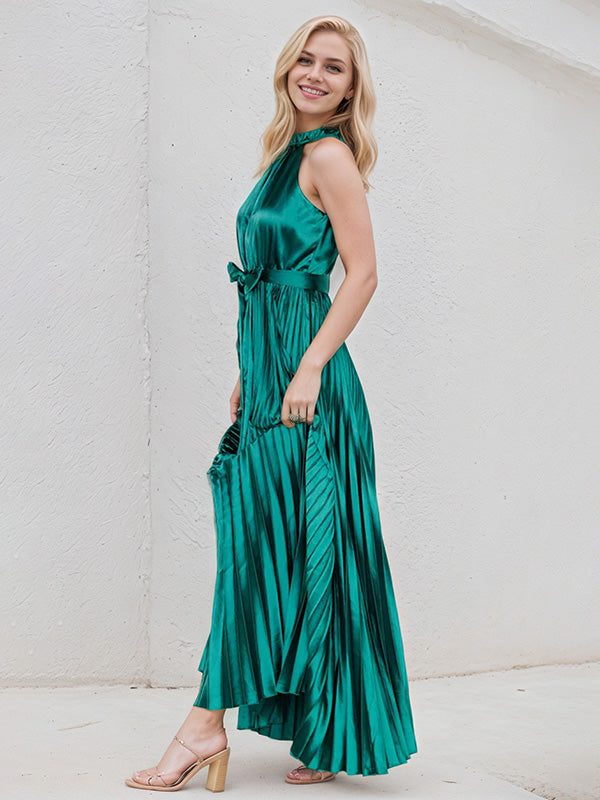 Peacock A Line Satin Halter Neck Sleeveless Floor Length Dress