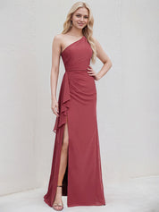 Desert Rose Chiffon A Line One Shoulder Sleeveless Floor Length Bridesmaid Dress