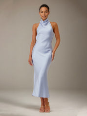 Blue Satin Sheath/Column High Neck Ankle Length Bridesmaid Dresses
