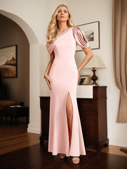 Pink Trumpet/Mermaid Satin One Shoulder Sleeveless Ankle Length Dress With High Slit