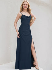 Dark Navy Chiffon A Line Spaghetti Straps Sleeveless Floor Length Bridesmaid Dress