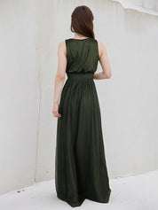 Dark Green A Line Tulle V Neck Sleeveless Floor Length Dress