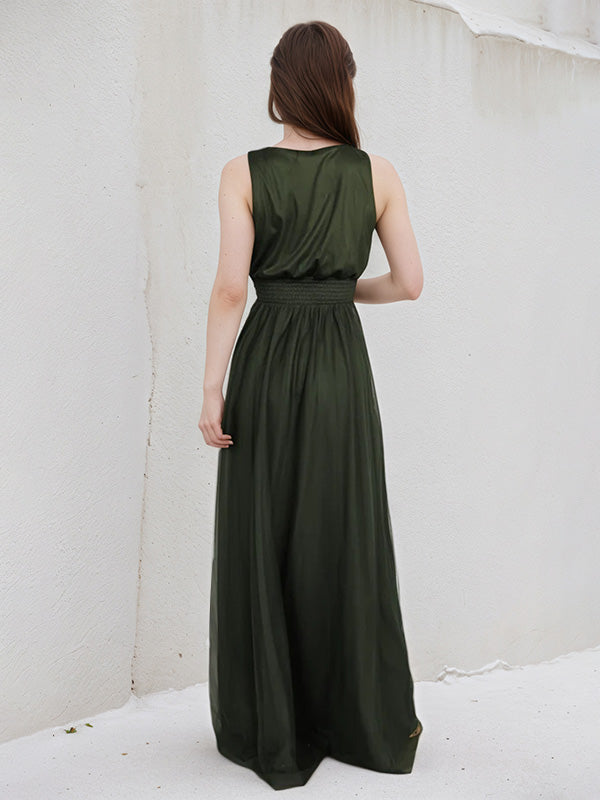 Dark Green A Line Tulle V Neck Sleeveless Floor Length Dress