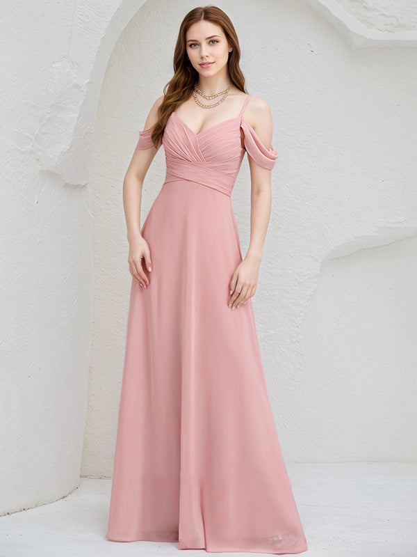 Blush Chiffon A Line Spaghetti Straps Cold Shoulder Floor Length Bridesmaid Dress