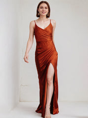 Rust Sheath/Column Satin Spaghetti Straps Sleeveless Floor Length Dress