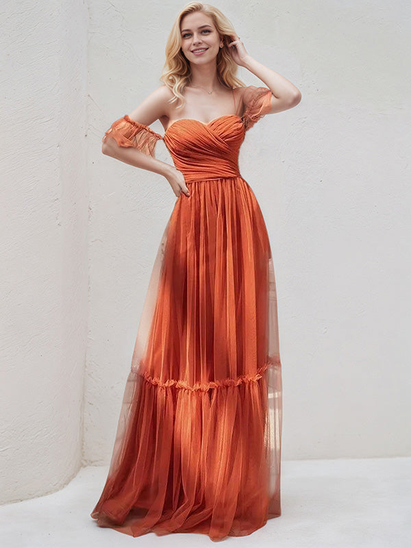 Burnt Orange Tulle A Line Sweetheart Short Sleeves Floor Length Bridesmaid Dress