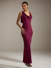 Burgundy Satin Sheath/Column Cowl Neck Sleeveless Floor Length Dress