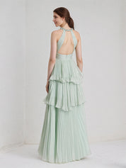 Mint Green A Line Chiffon Halter Neck Floor Length Bridesmaid Dress With Ruffle