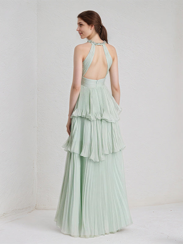 Mint Green A Line Chiffon Halter Neck Floor Length Bridesmaid Dress With Ruffle