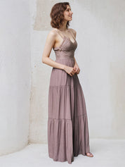 Mauve A Line Spaghetti Straps Sleeveless Floor Length Dress