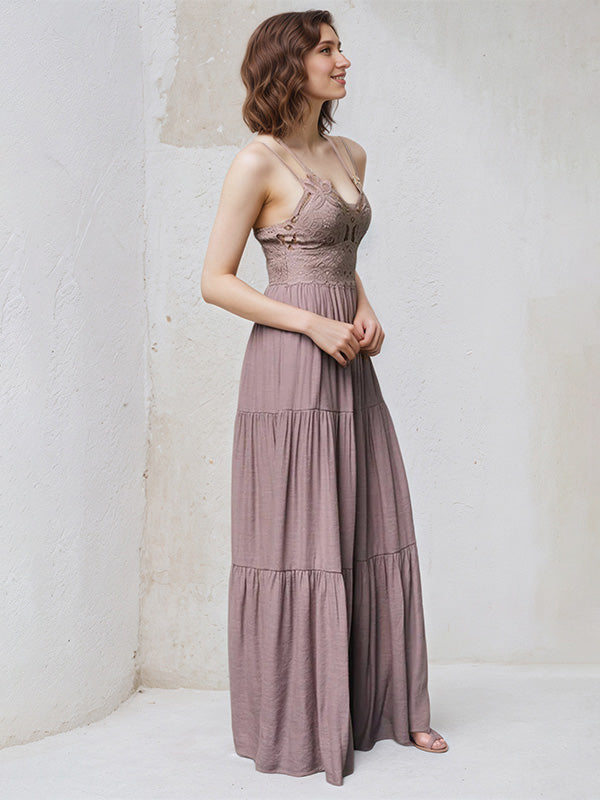 Mauve A Line Spaghetti Straps Sleeveless Floor Length Dress