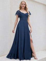 Navy Blue Chiffon A Line V Neck Short Sleeves Floor Length Bridesmaid Dress