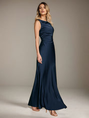 Navy Blue Sheath/Column Scoop Sleeveless Floor-Length Satin Bridesmaid Dress