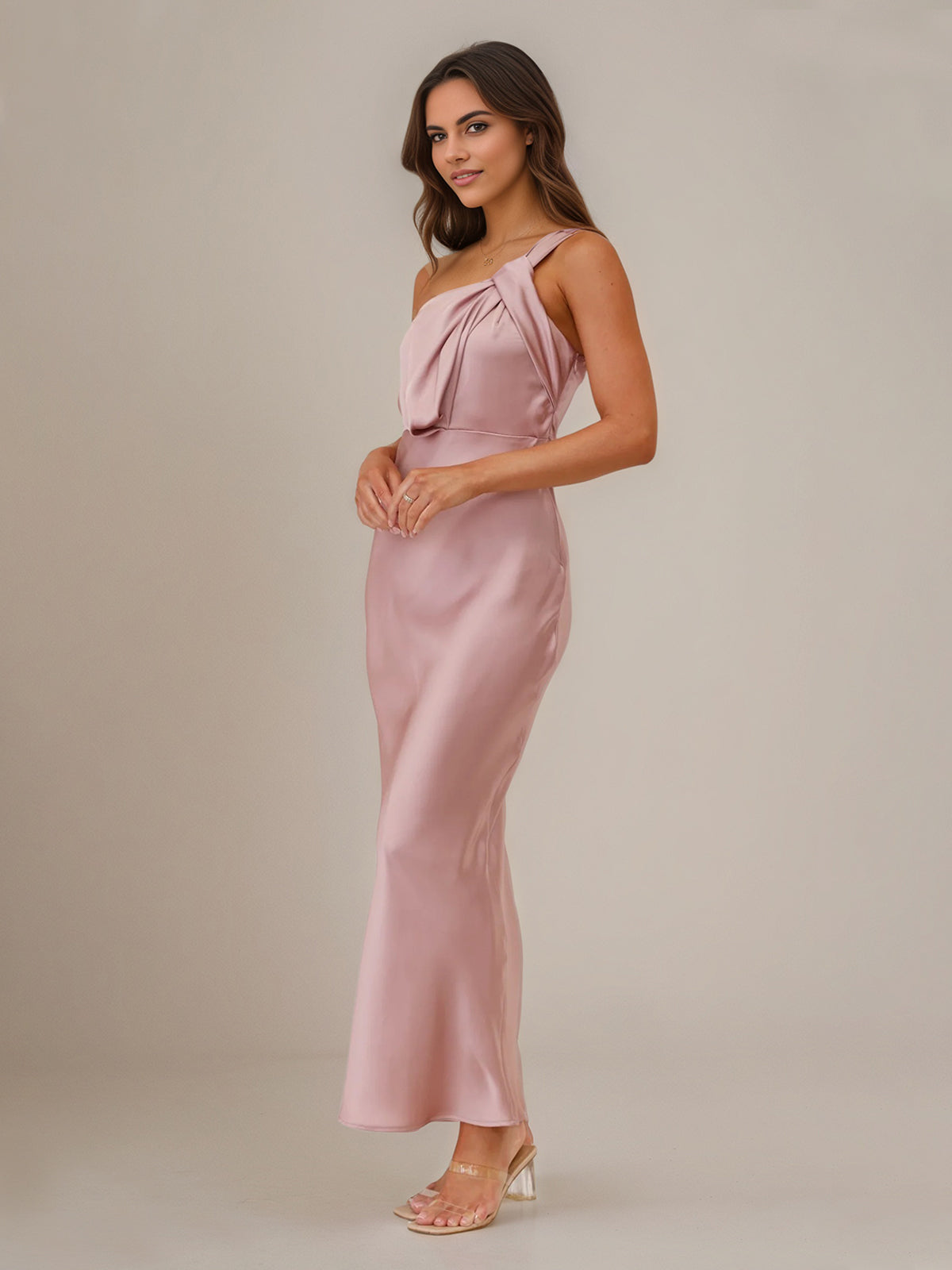 Dusty Rose Satin Sheath/Column One Shoulder Sleeveless Ankle Length Bridesmaid Dress