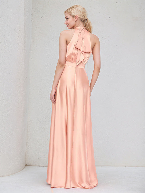 Salmon Satin A Line Halter Neck Sleeveless Ruched Asymmetrical Bridesmaid Dress