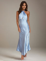 Blue Satin Sheath/Column Halter Neck Ankle Length Bridesmaid Dresses