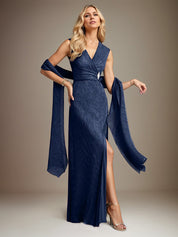 Dark Navy A Line Chiffon V Neck Sleeveless Floor Length Dress With High Slit