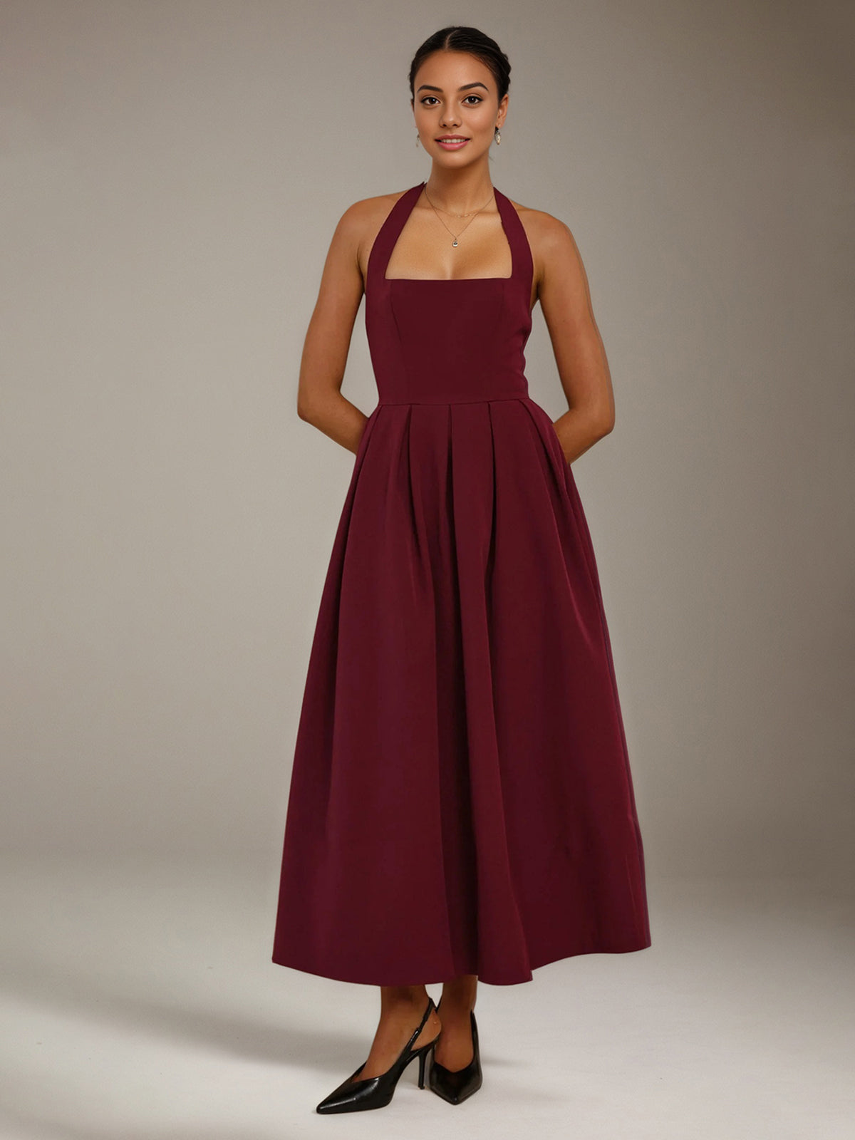 Wine Stretch Crepe A Line Halter Neck Sleeveless Ankle Length Bridesmaid Dresses