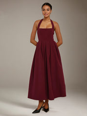 Wine Stretch Crepe A Line Halter Neck Sleeveless Ankle Length Bridesmaid Dresses