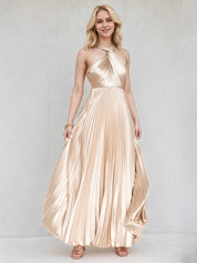 Champagne A Line Satin Cross Neck Sleeveless Floor Length Dress