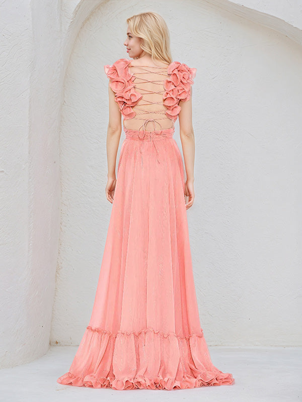 Coral Chiffon A Line V Neck Sleeveless Ruched Asymmetrical Bridesmaid Dress With Ruffle Sleeve