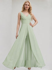 Celadon Chiffon Jumpsuit/Pantsuit V Neck Sleeveless Floor Length Bridesmaid Dress